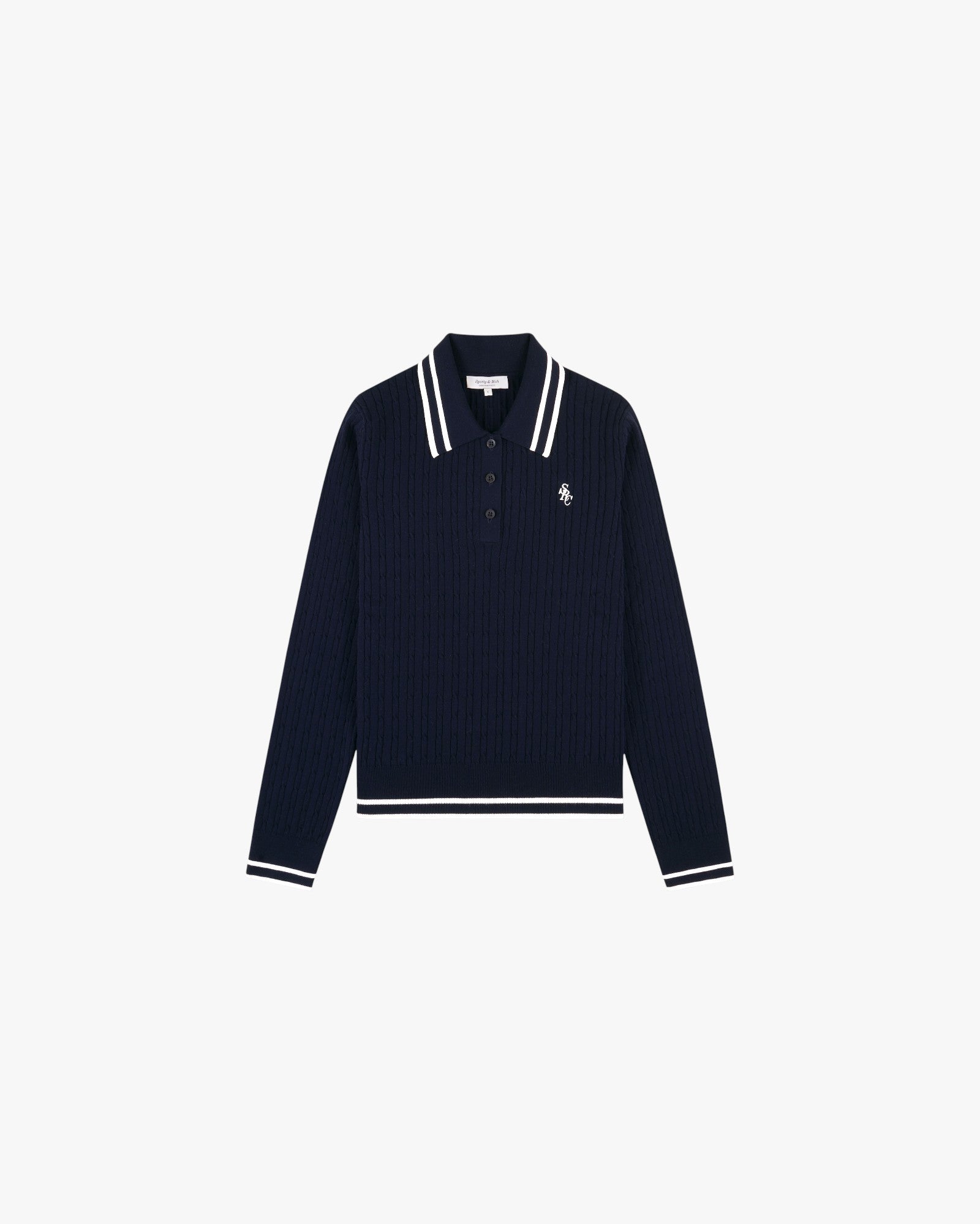 Fine Cable Knit Pattern Polo With Contrast Trim