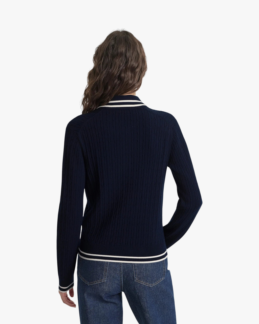 Fine Cable Knit Pattern Polo With Contrast Trim