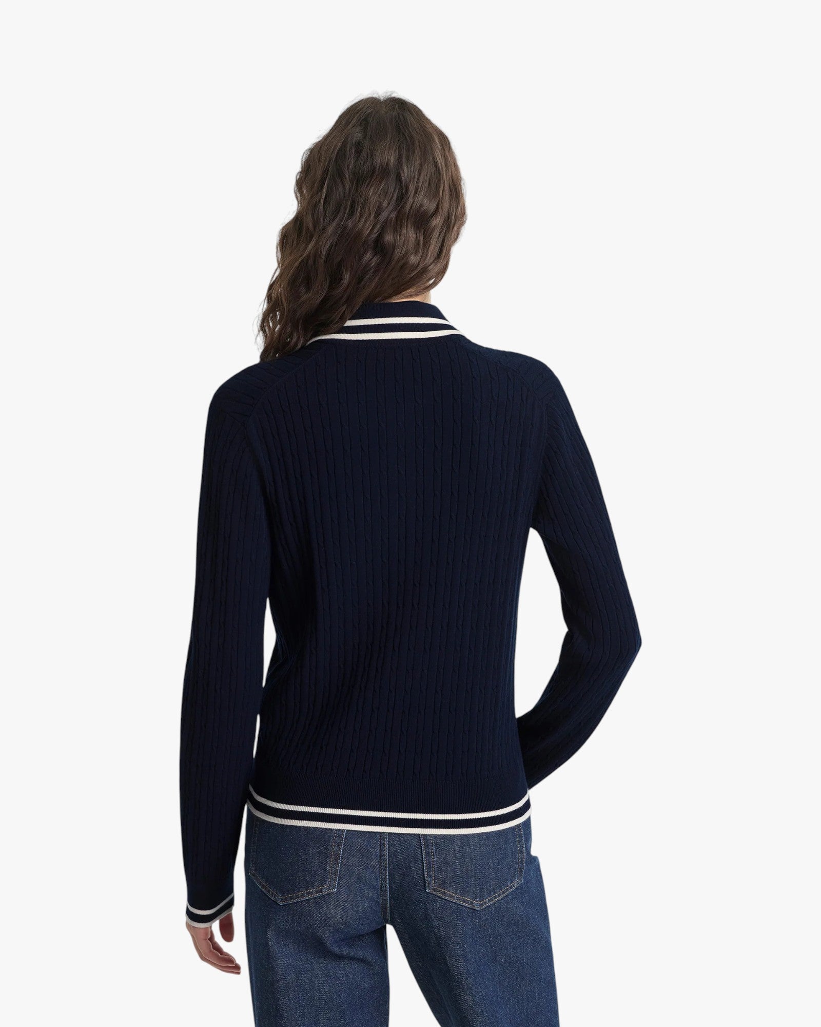Fine Cable Knit Pattern Polo With Contrast Trim