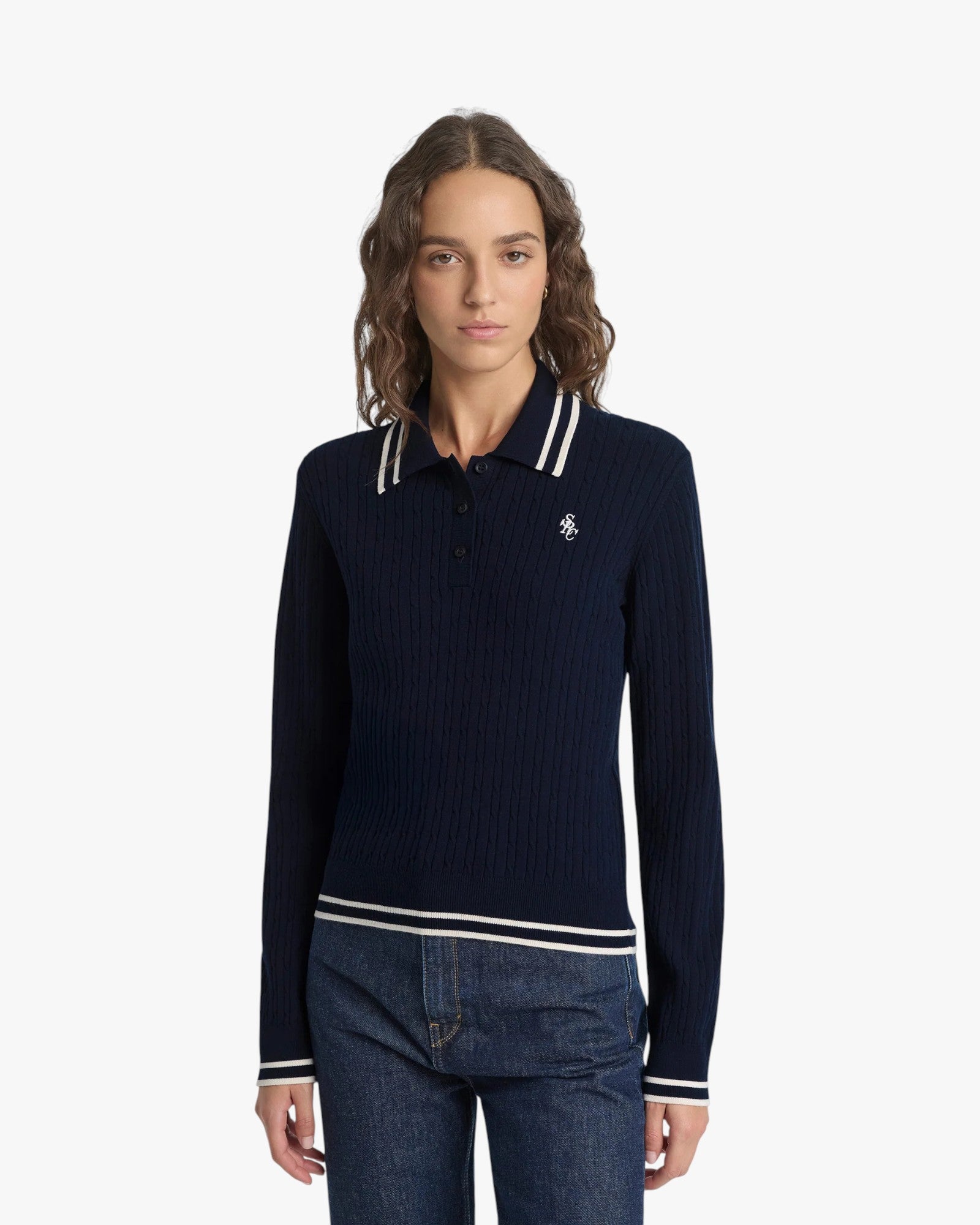 Fine Cable Knit Pattern Polo With Contrast Trim