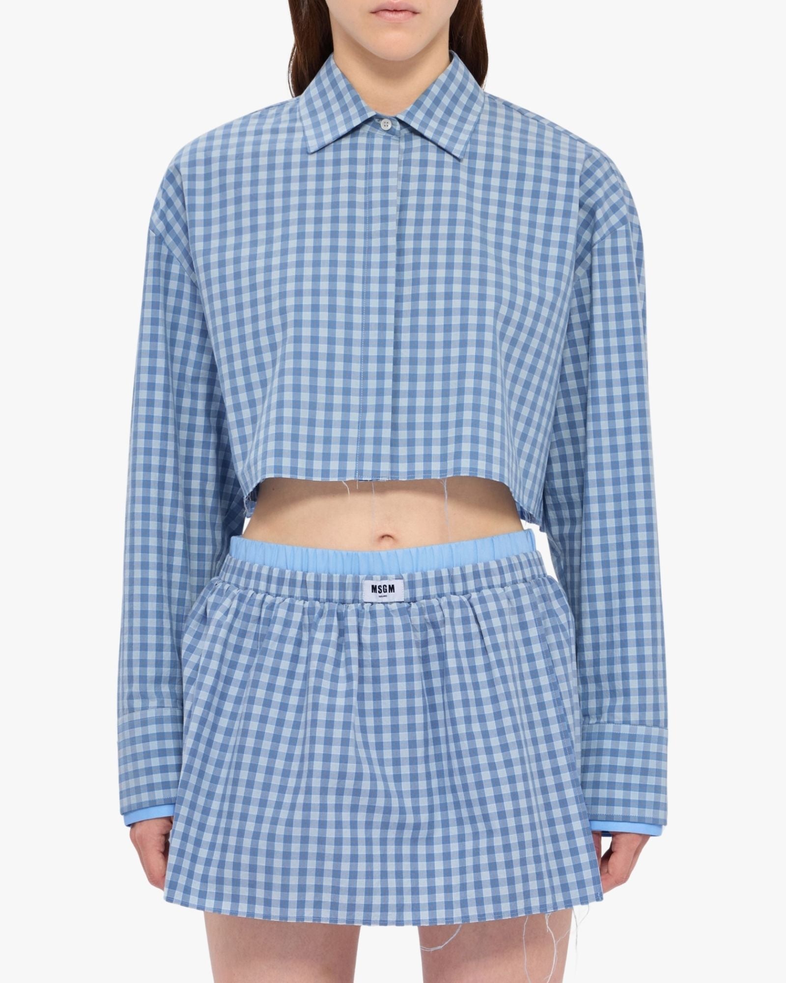 MSGM Micro-Check Light Blue Cropped Shirt