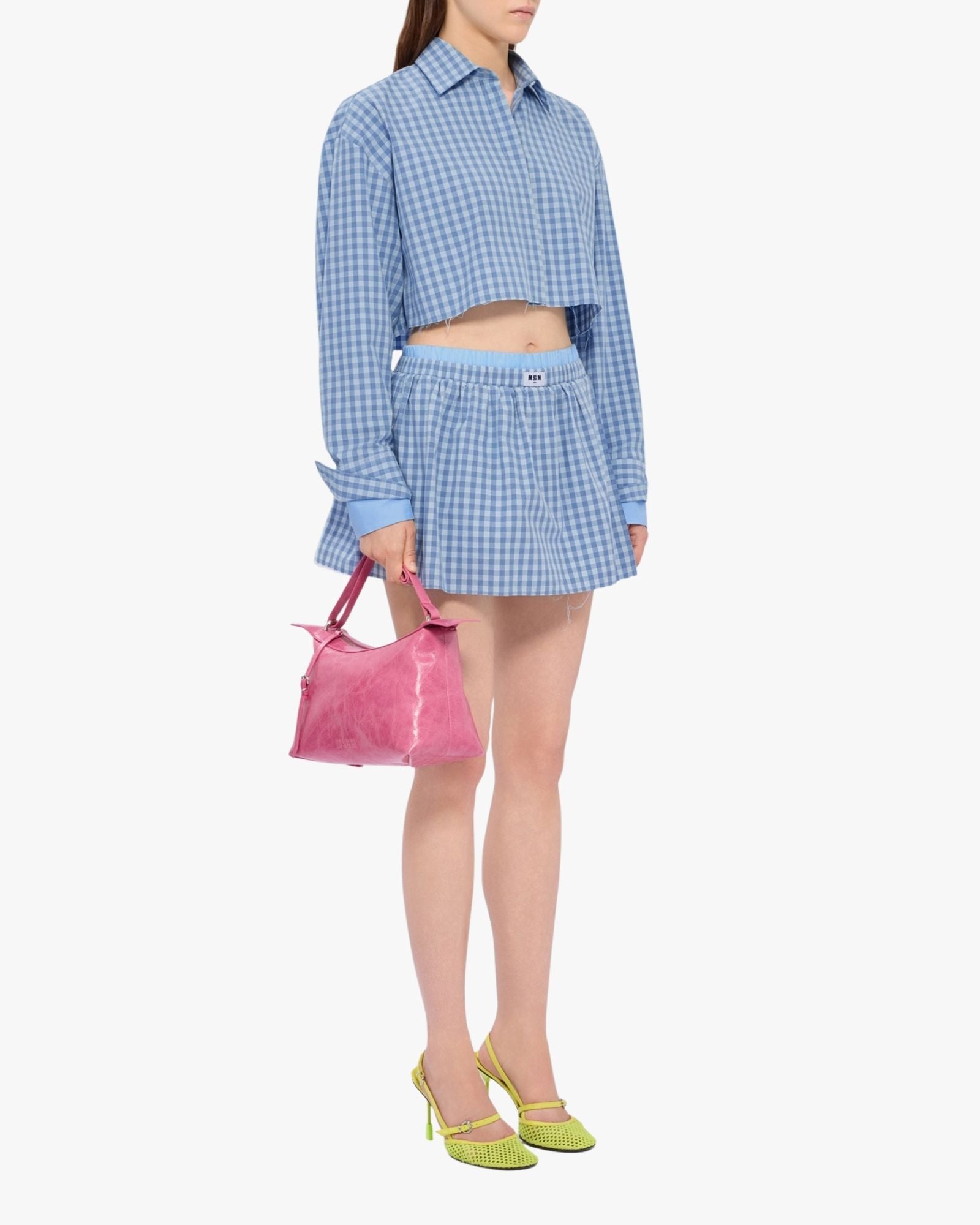 MSGM Micro-Check Light Blue Cropped Shirt