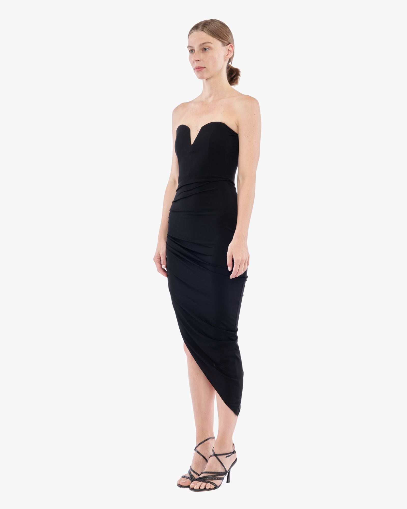 Side Ruched Asymmetric Dress Black