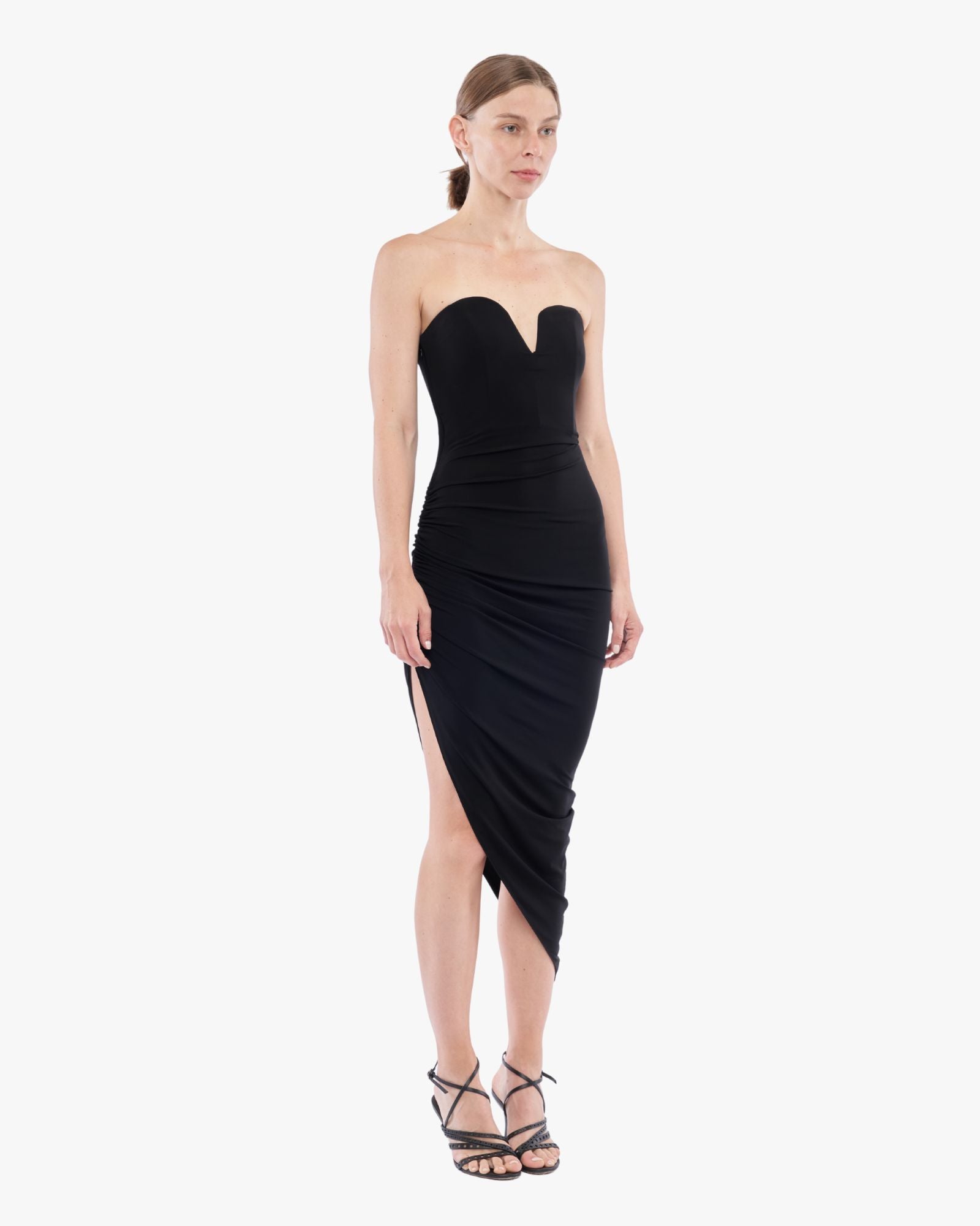 Side Ruched Asymmetric Dress Black