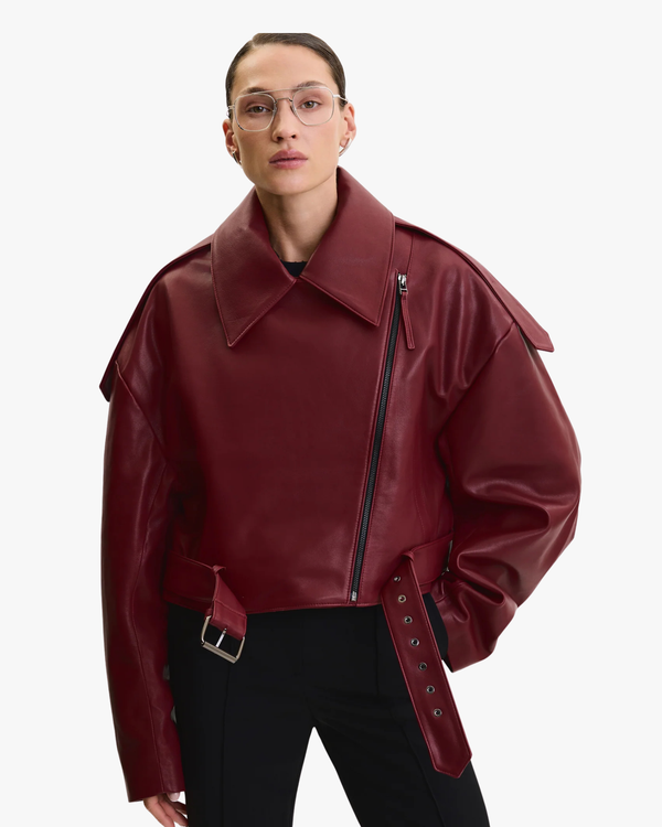 Oversized Biker Leather Jacket Bordeaux