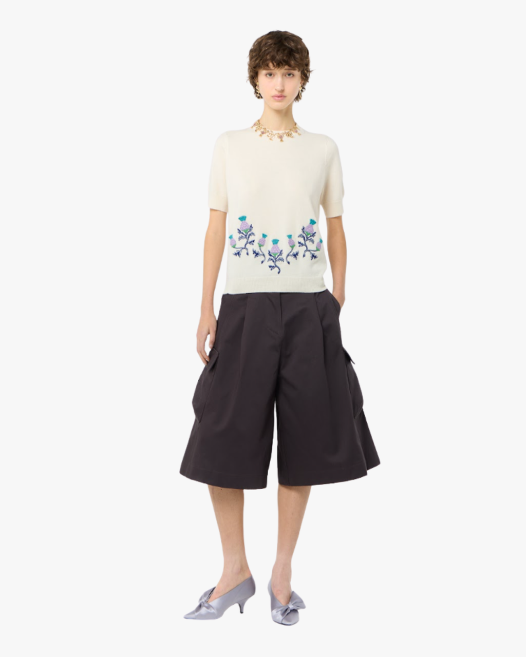 Crew-Neck Sweater Short-Sleeve With Embroidery