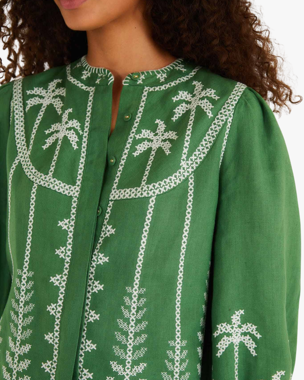 Blouse Long Sleeve Bicolor Cross Stich Embroidery Green