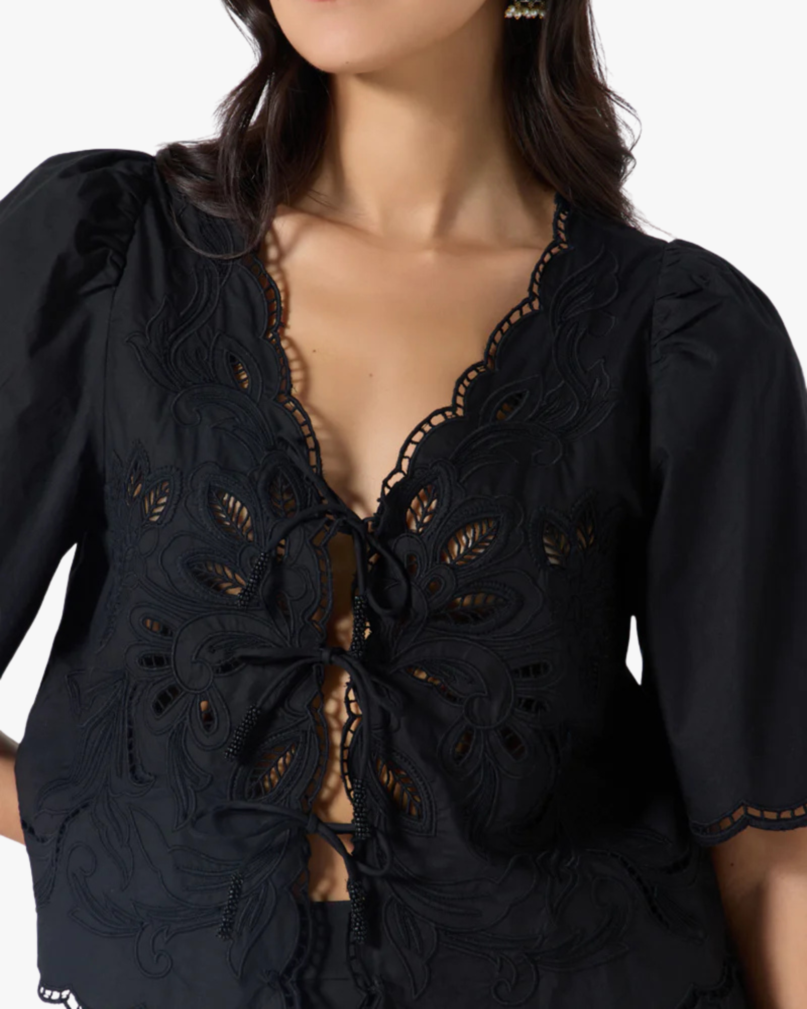 Vinetta - The Cutwork Embroidery Top With Front Ties Black
