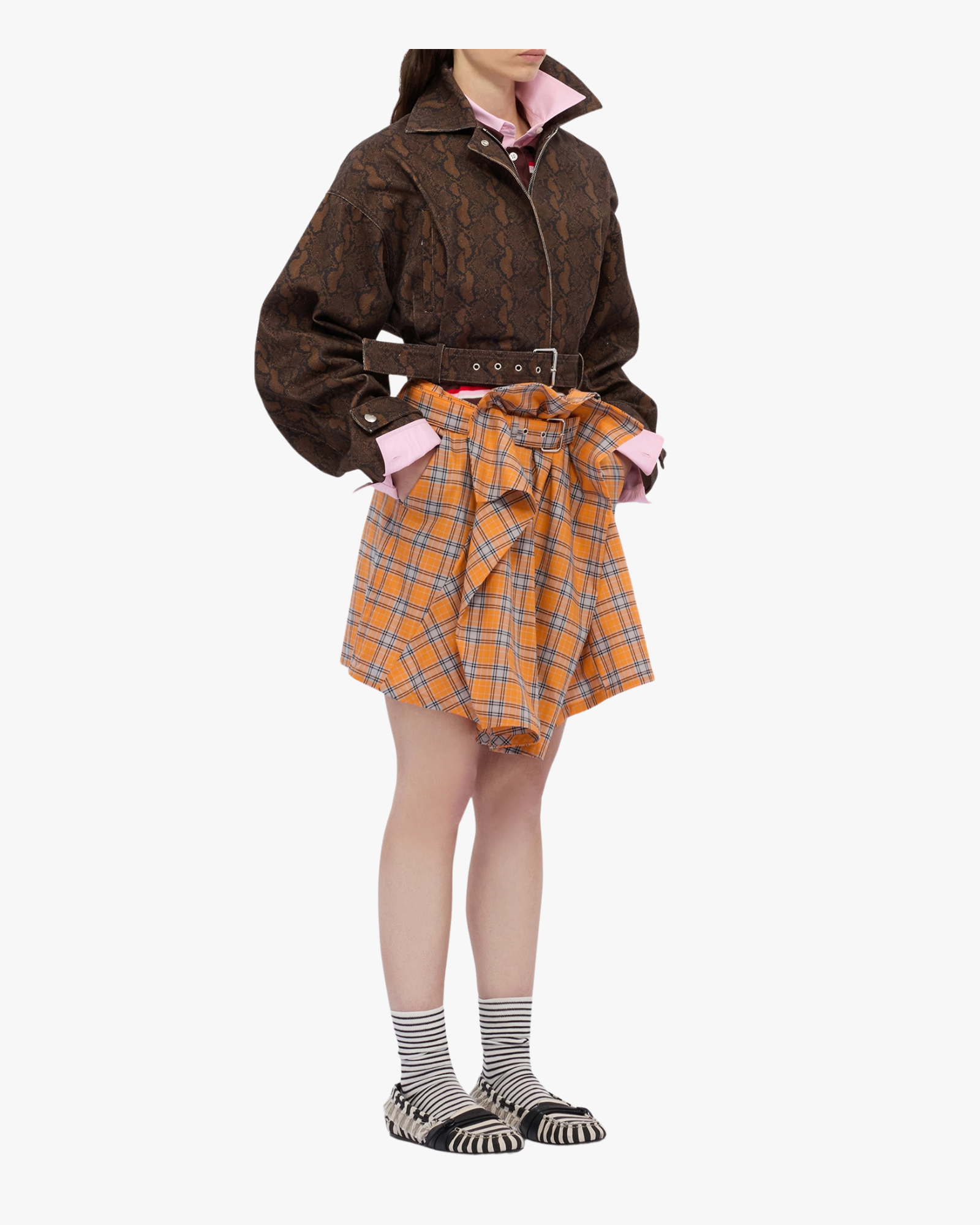 Orange check cotton mini skirt with belt