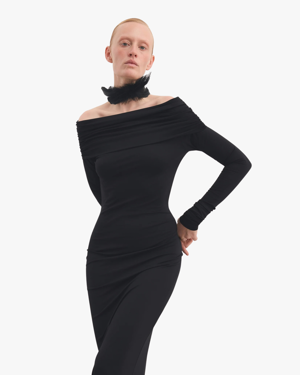 Maxi Dress Draped Off-Shoulders Black