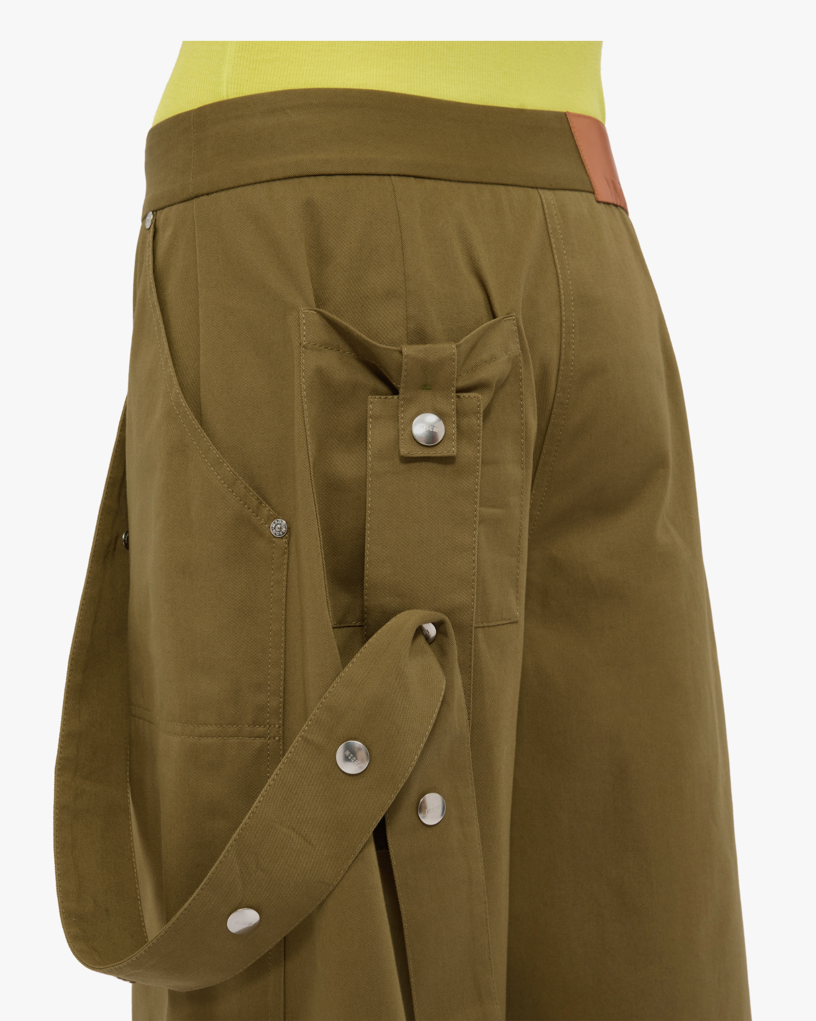 Military green cotton gabardine trousers with patch pockets and removable belt