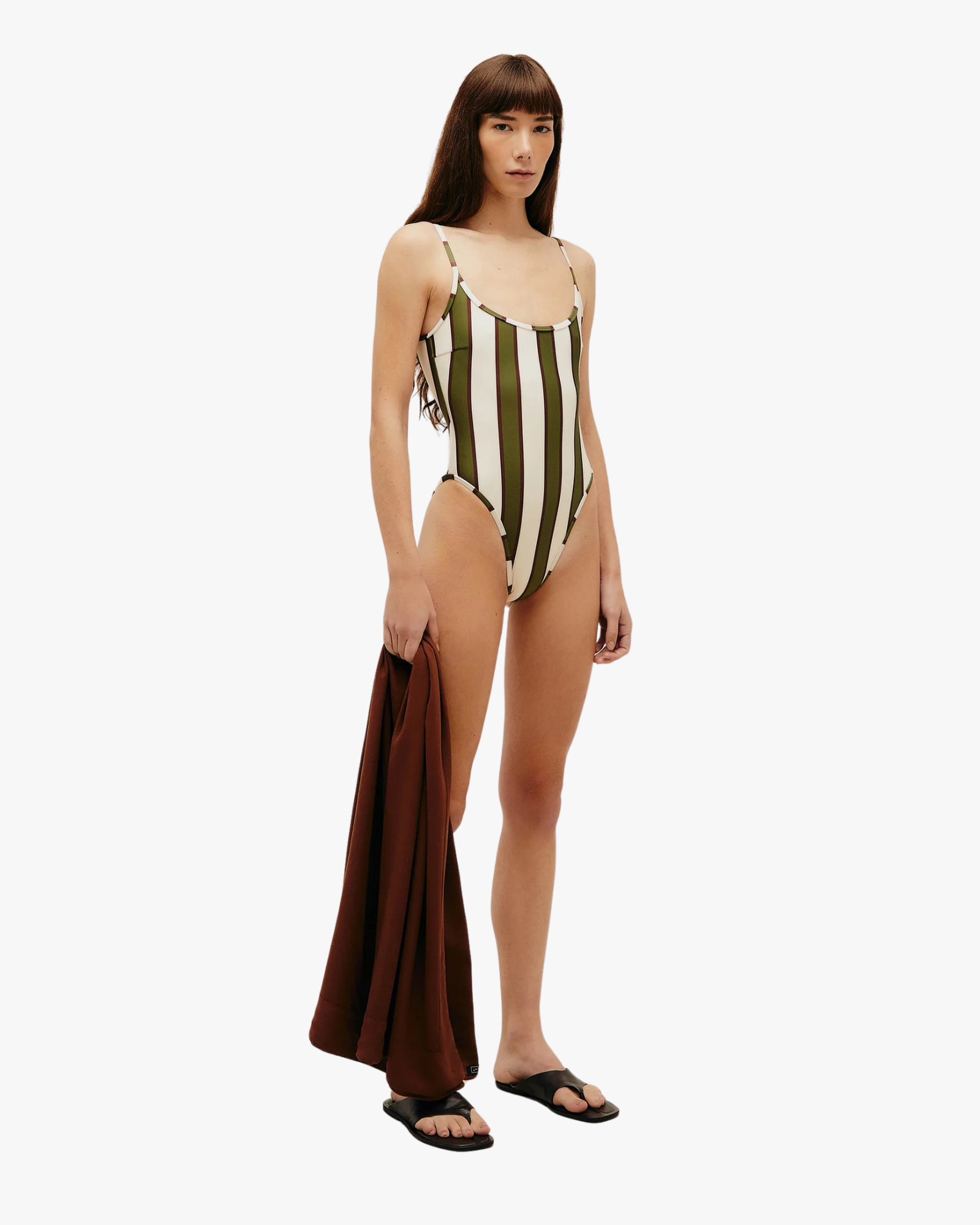 One Piece Swimsuit Pipping Olive Stripes