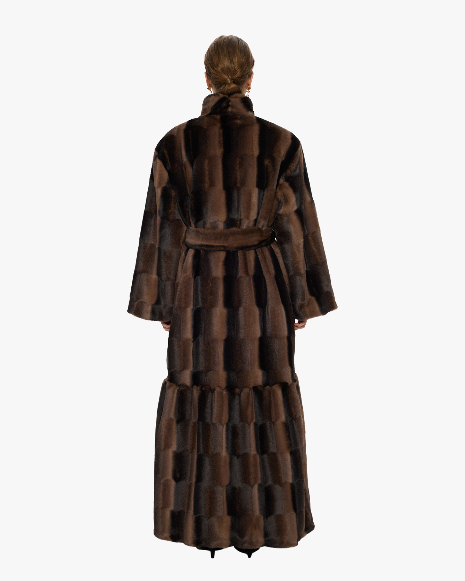 Long Fur Coat with Waist Belt Brown