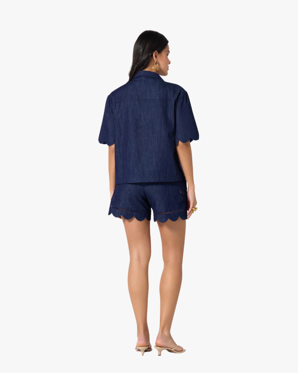 Sandsora - The Denim Cutwork Embroidery Hem Belted Shorts