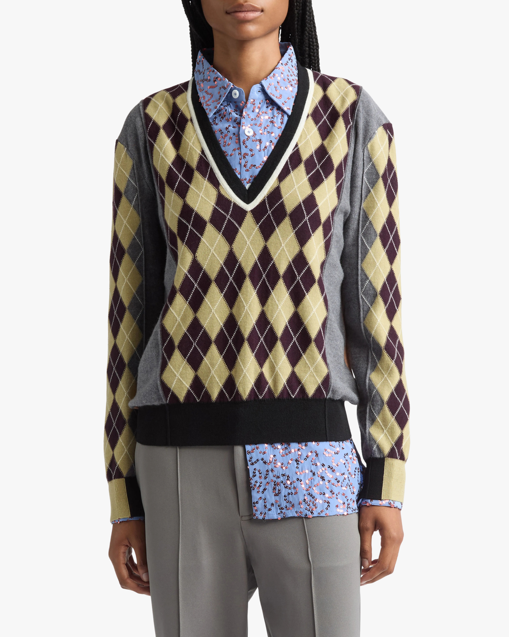 Argyle V-Neck Sweater Teddy Grey Melange