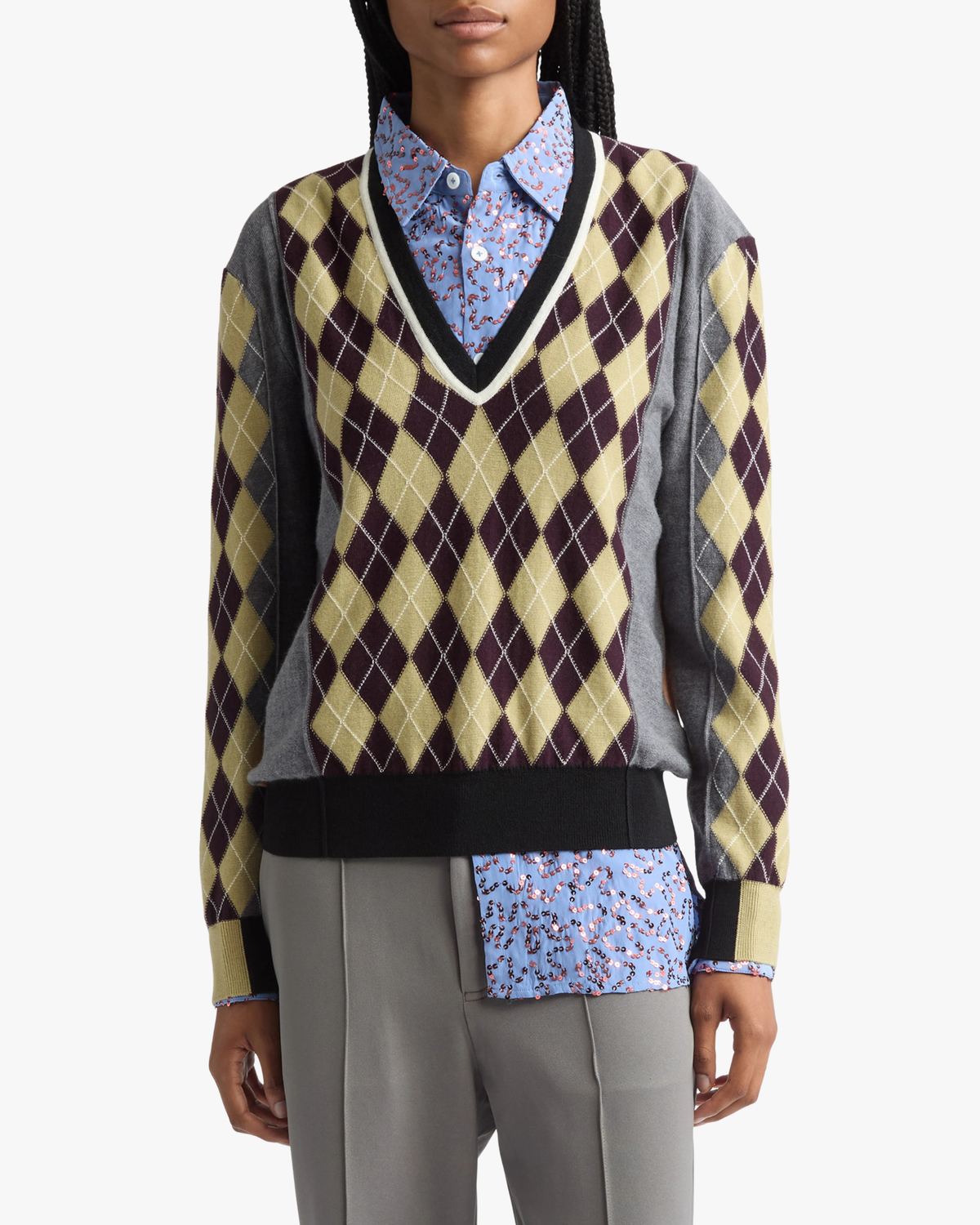 Argyle V-Neck Sweater Teddy Grey Melange