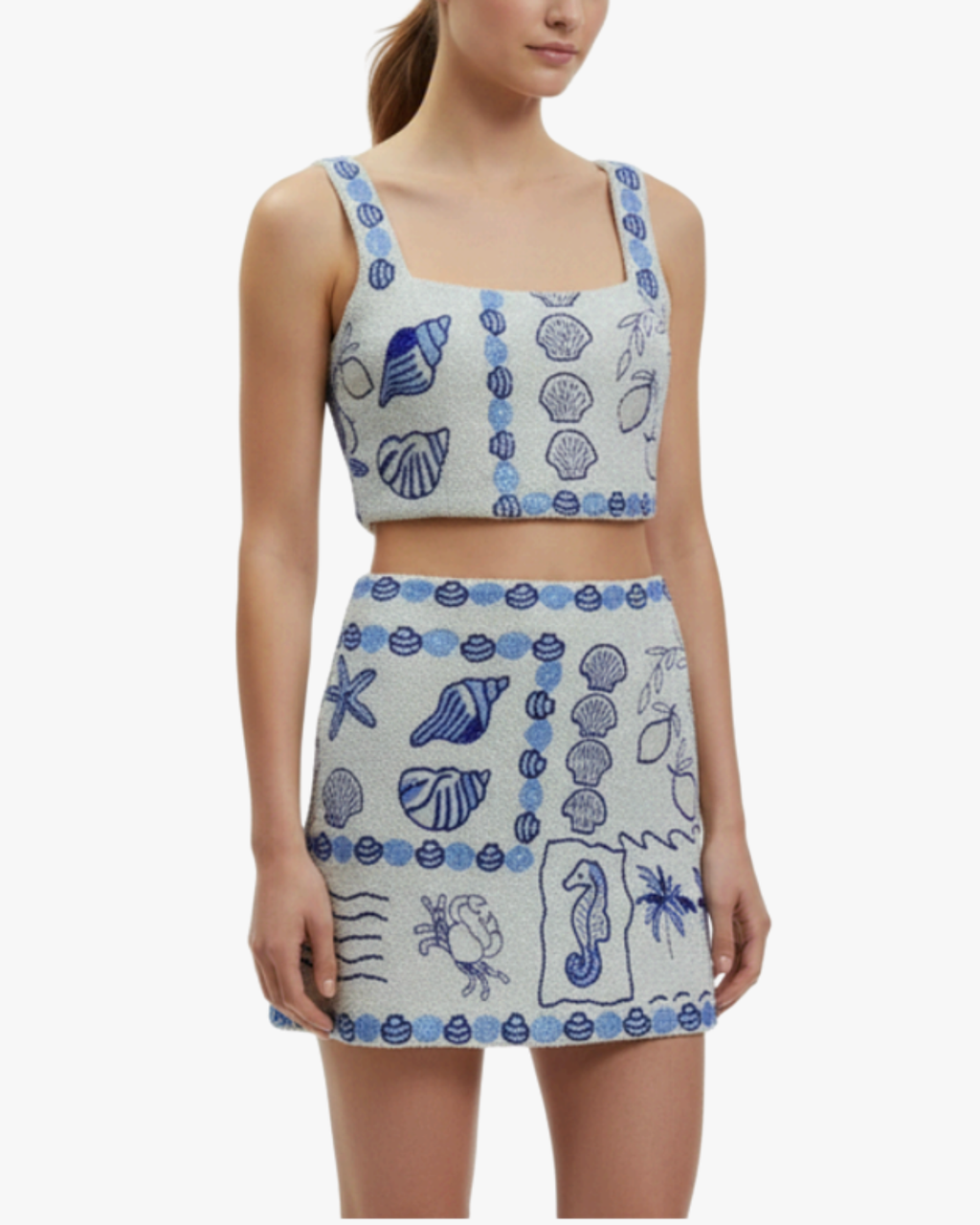 Marie Sea Co-Ord Fully Beaded White And Blue