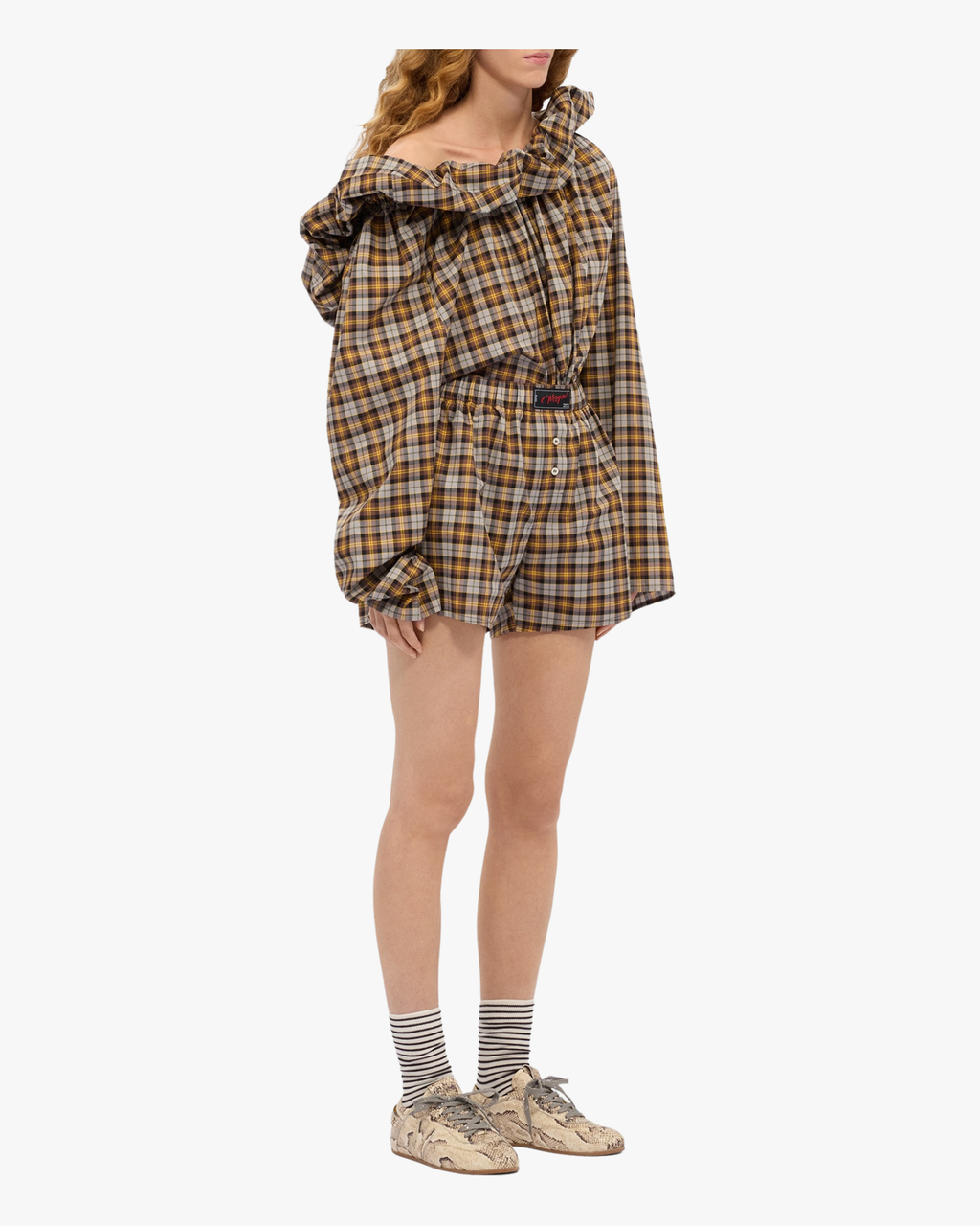Check cotton blouse with maxi ruffle