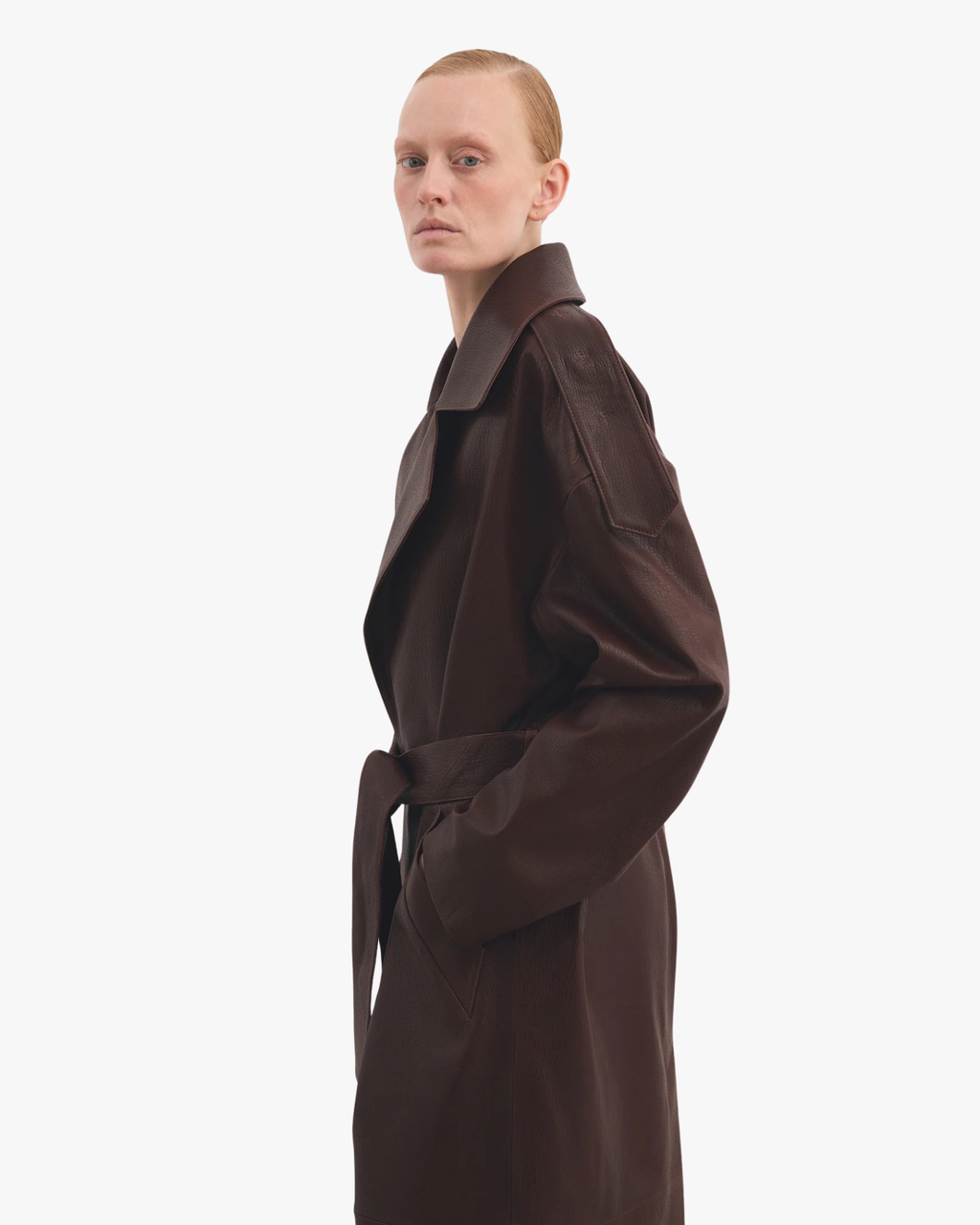 Leather Coat Vintage Finish Oversized Wrapped Warm Chestnut