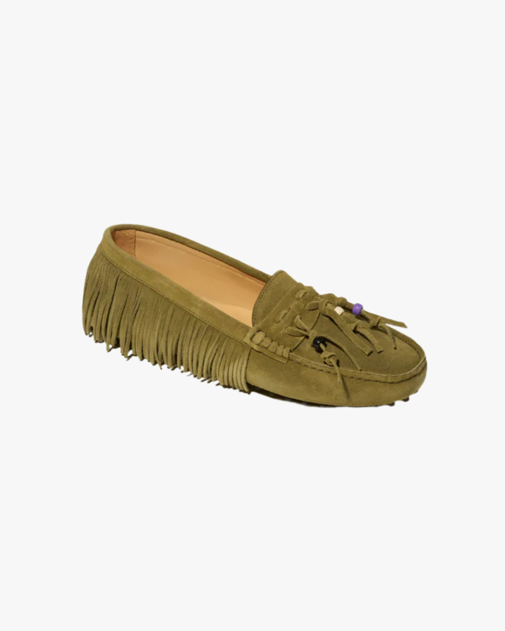 Emily Suede Shoe With Fringe And Beads Kaki