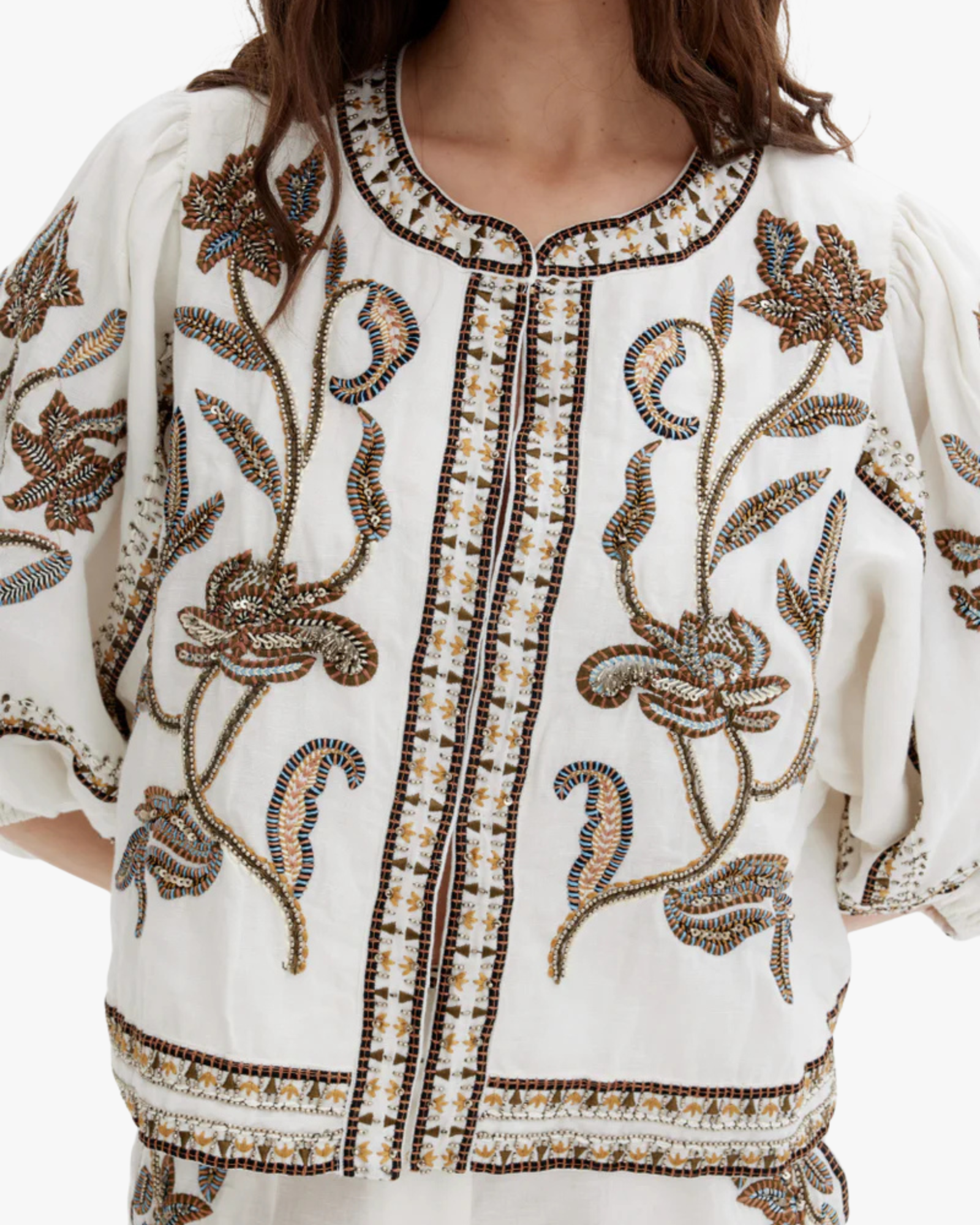 Sorelia - Multi Color Embroidery Volume Sleeve Jacket White