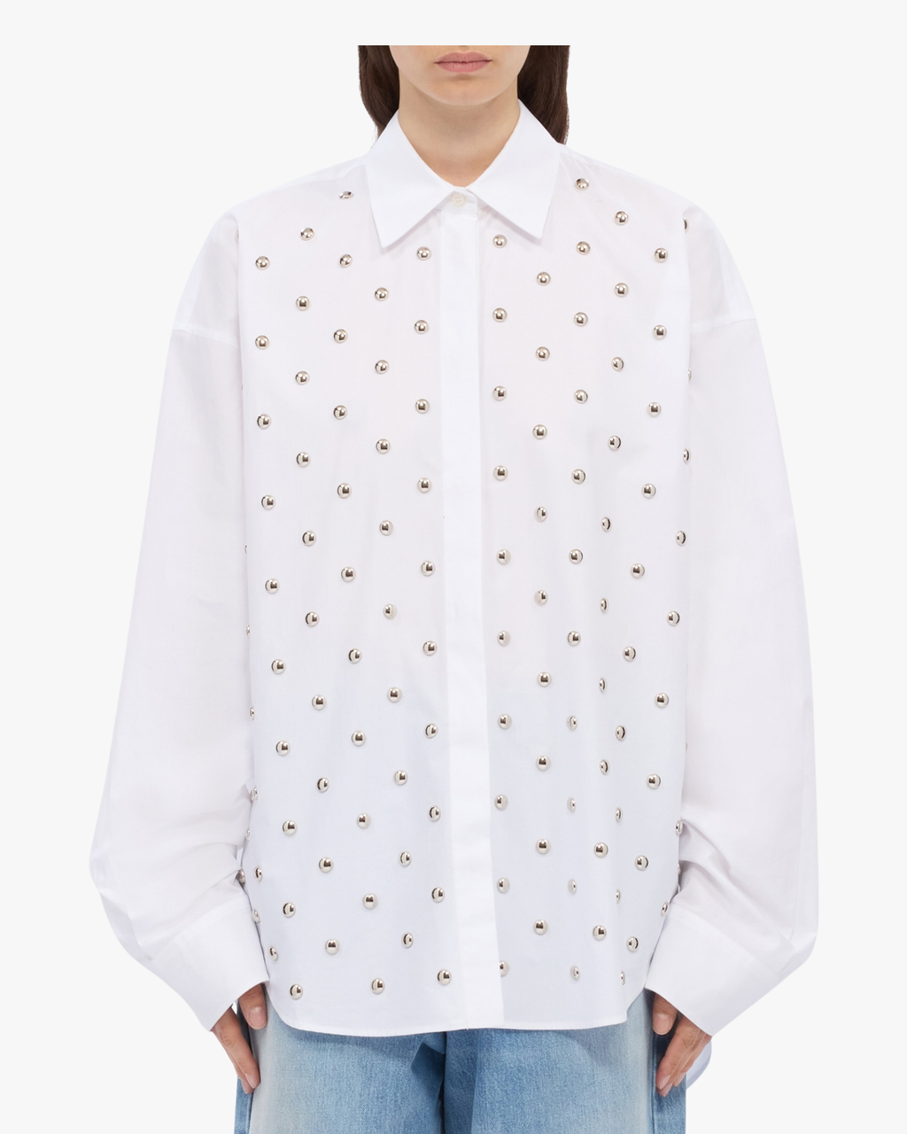 White cotton poplin shirt with studs
