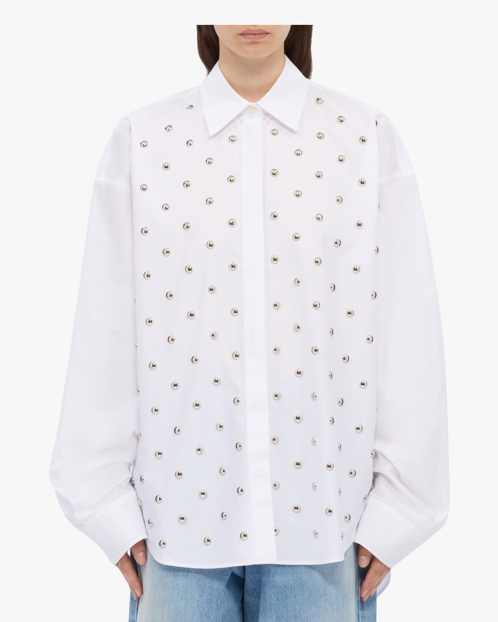White cotton poplin shirt with studs