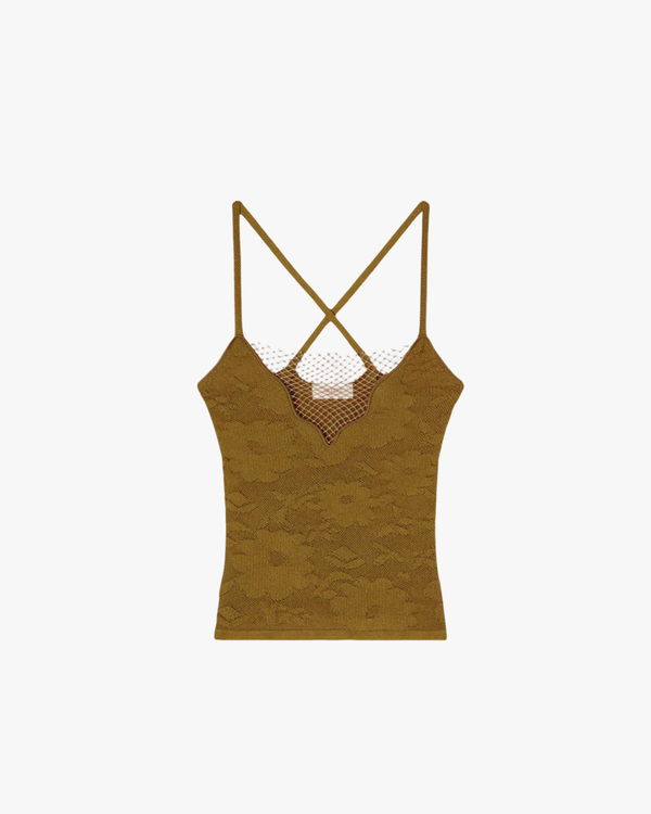 Jacquard Knit Top With Net Detail Camel