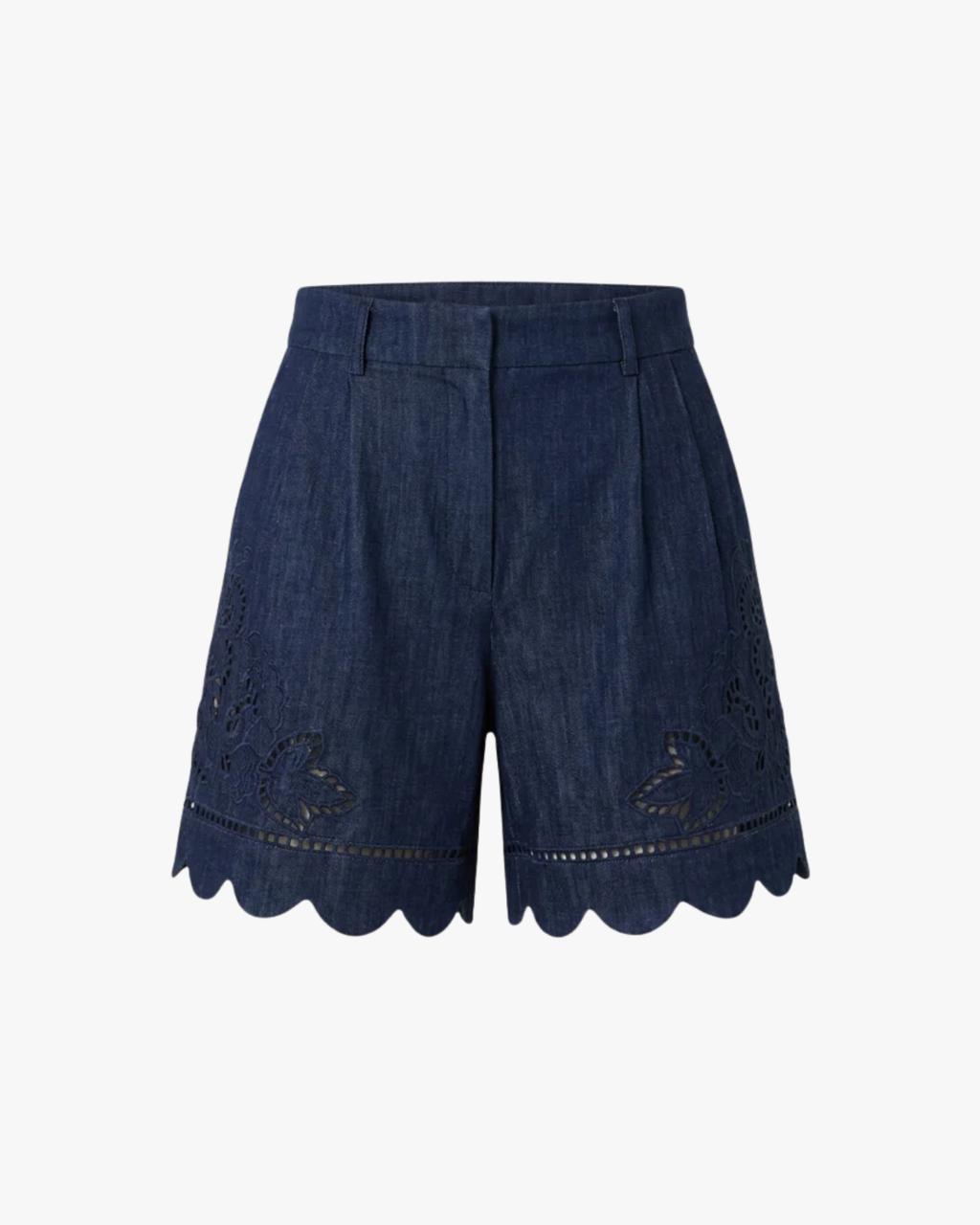 Sandsora - The Denim Cutwork Embroidery Hem Belted Shorts