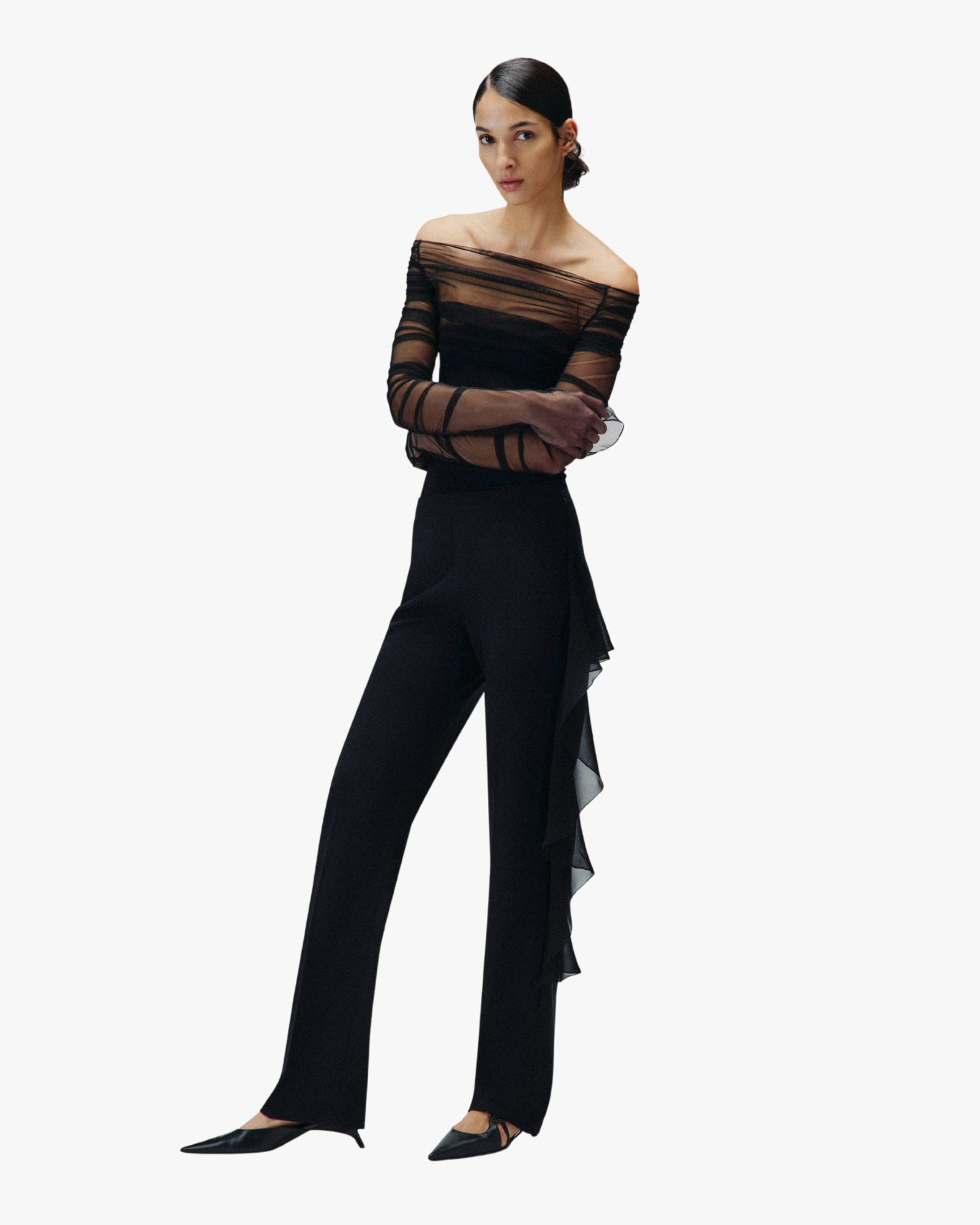 Tailored Trousers With Sheer Frill Black