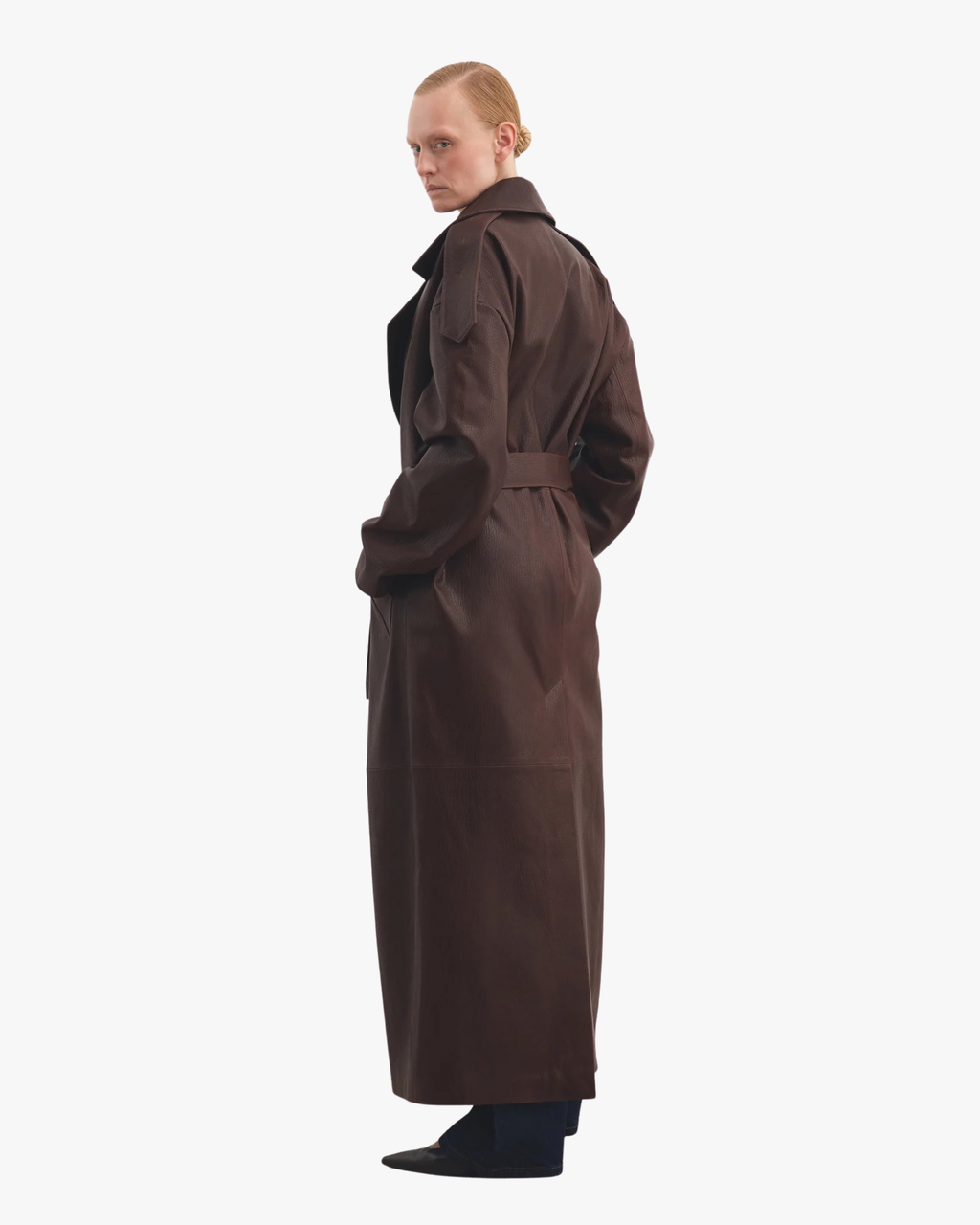 Leather Coat Vintage Finish Oversized Wrapped Warm Chestnut