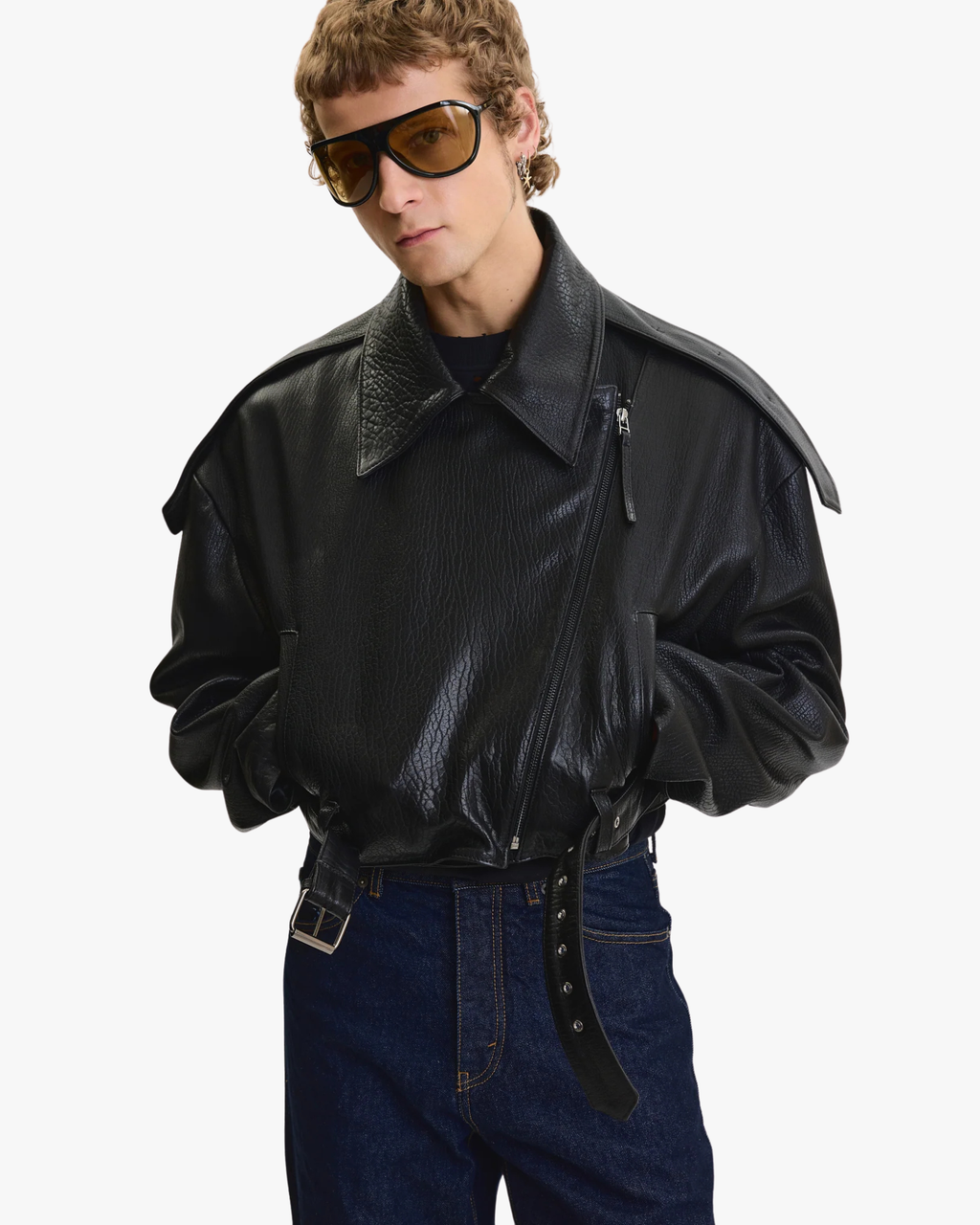 Biker Leather Jacket Vintage Finish Oversized Black