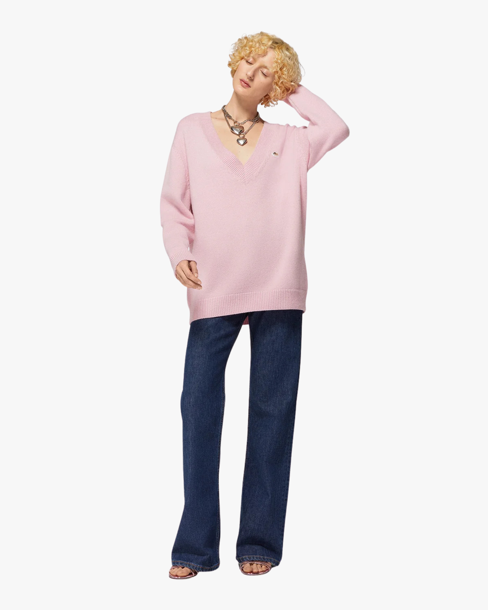 V-Neck Sweater Cashmere Blend Angel Patch Baby Pink
