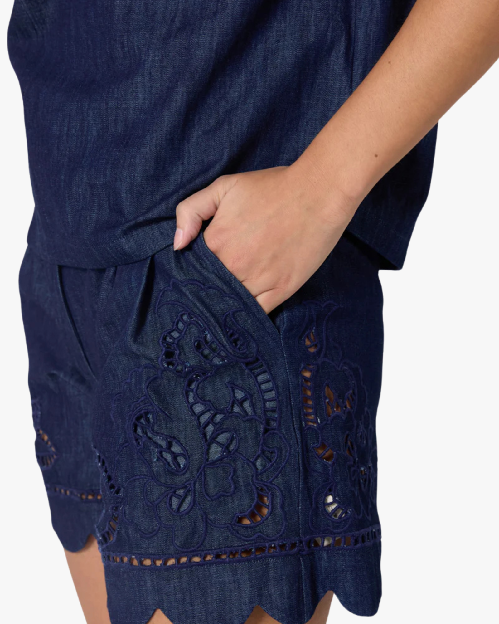 Sandsora - The Denim Cutwork Embroidery Hem Belted Shorts