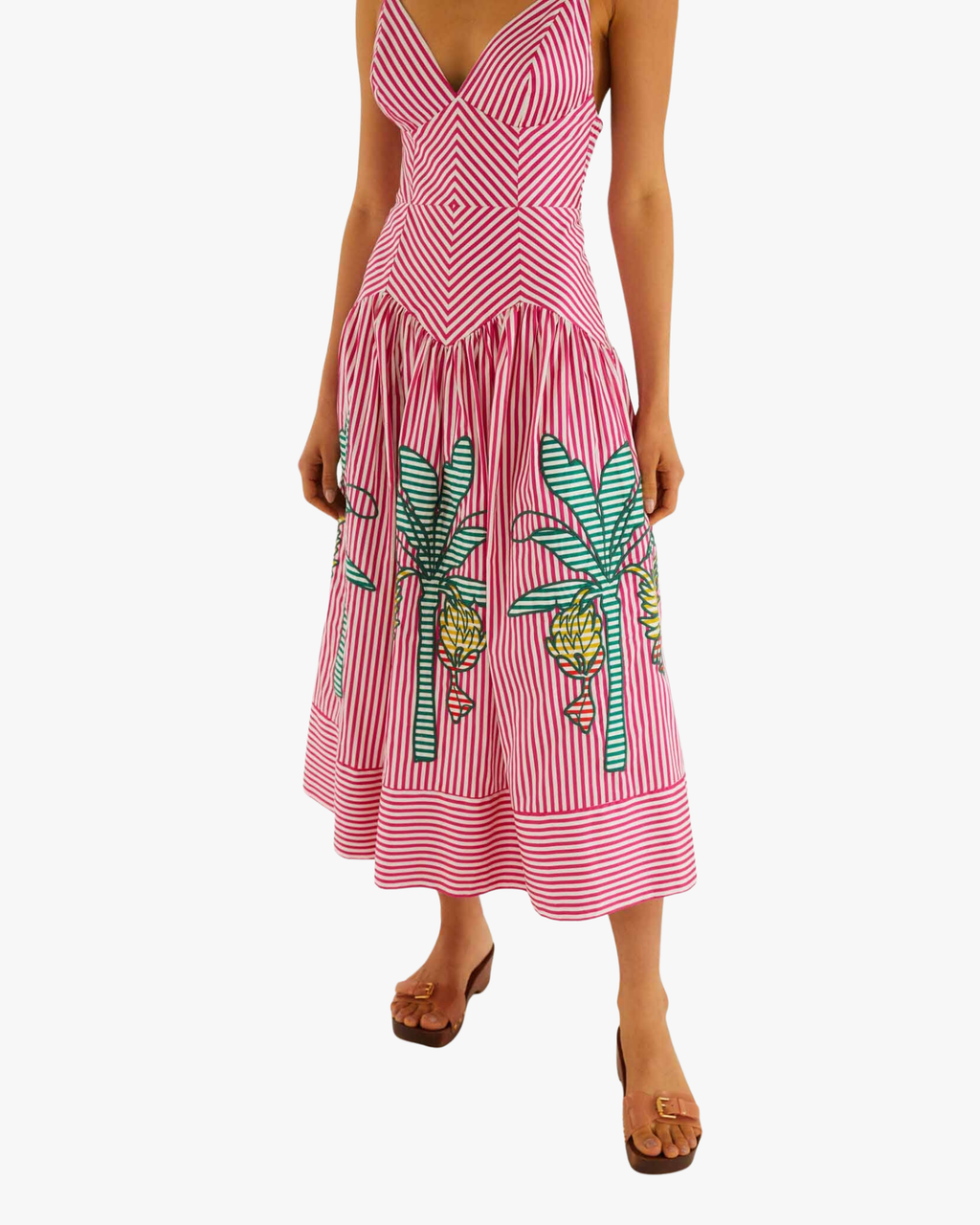 Midi Dress Palm Tree Cutwork Stripes