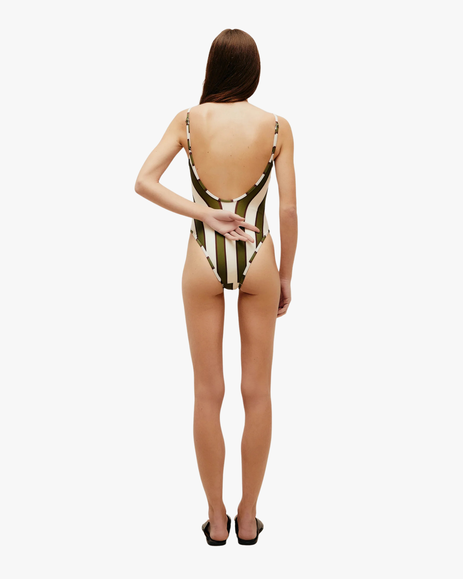 One Piece Swimsuit Pipping Olive Stripes