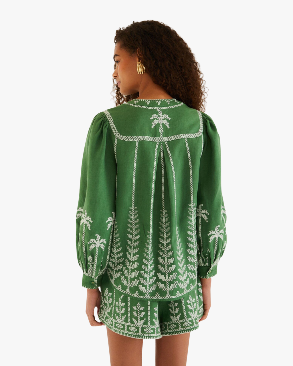 Blouse Long Sleeve Bicolor Cross Stich Embroidery Green