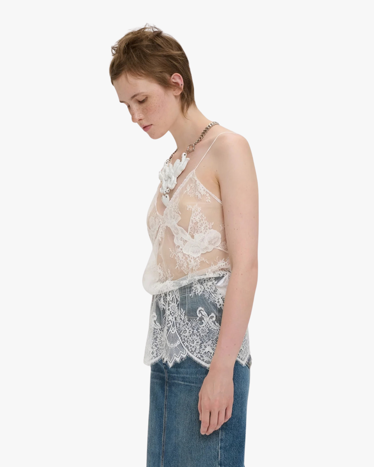 Top Lace Cinched Cupid Embroidered White