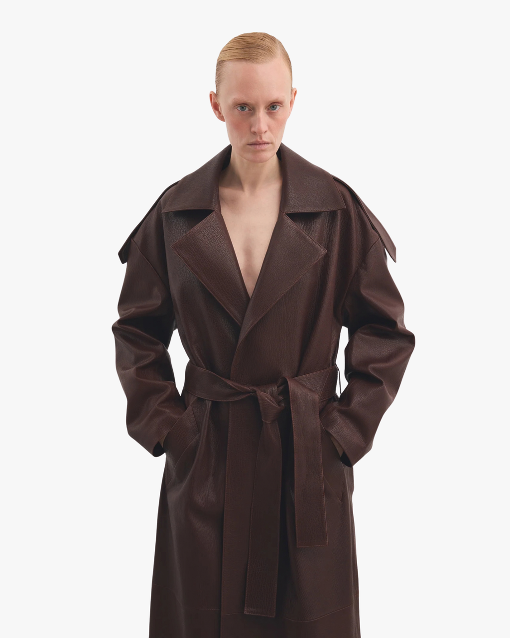 Leather Coat Vintage Finish Oversized Wrapped Warm Chestnut
