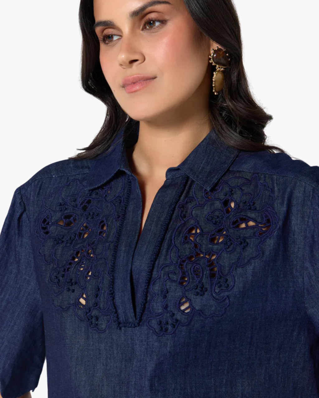 Sahira - The Denim Cutwork Embroidery Yoke Top With Short Sleeves