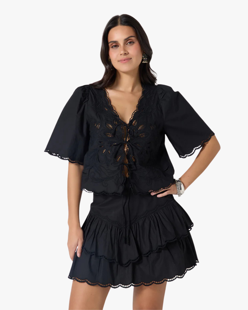 Vinetta - The Cutwork Embroidery Top With Front Ties Black