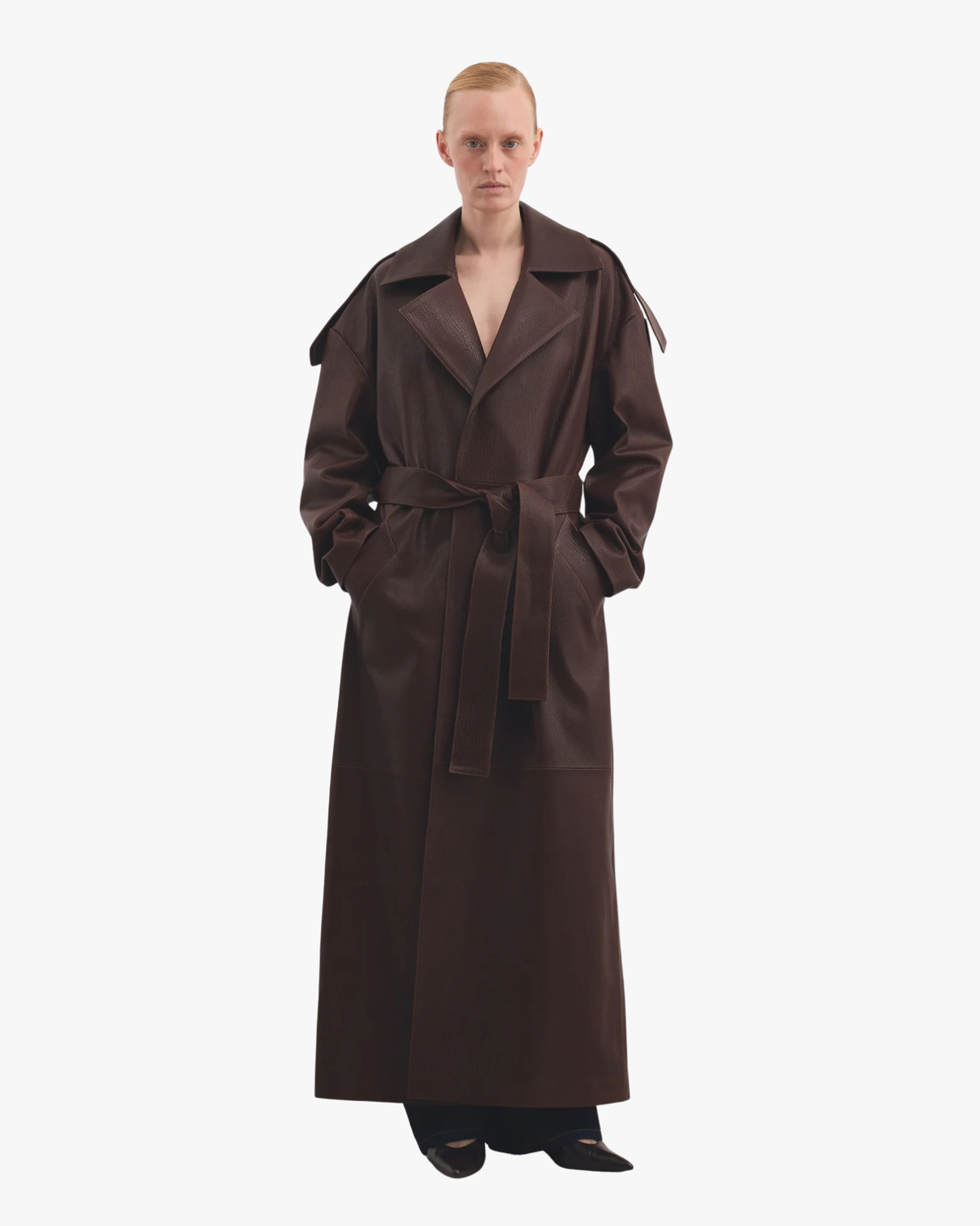 Leather Coat Vintage Finish Oversized Wrapped Warm Chestnut