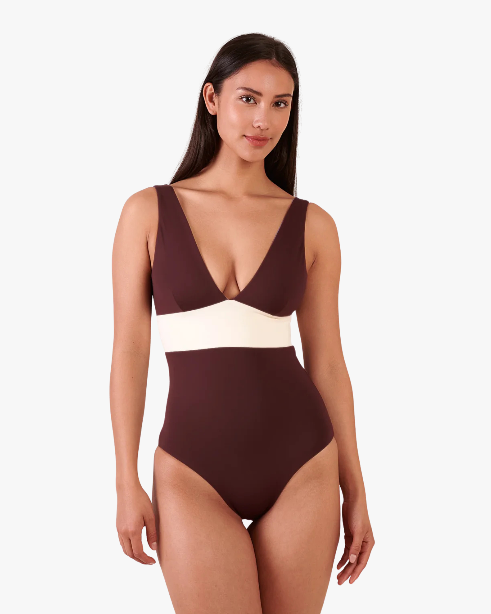 Plungesuit Onepiece Swimsuit V-Neck Reversible Chocolate Lilac
