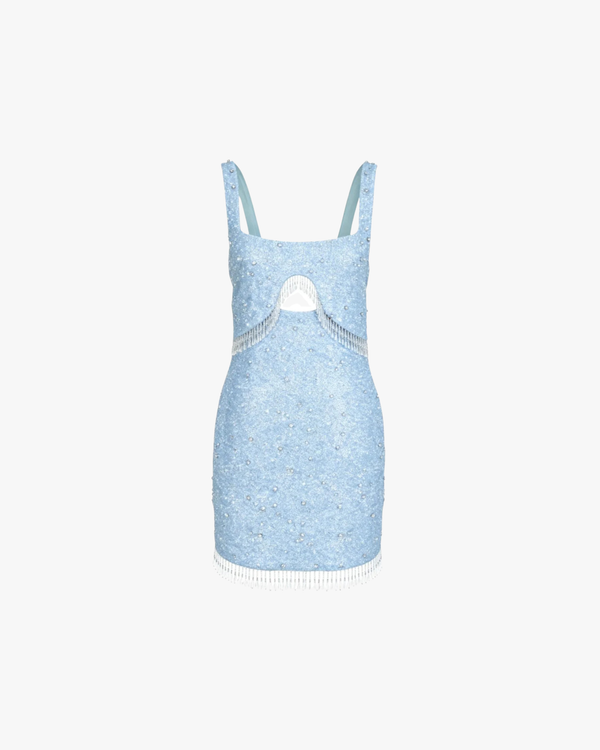 Posy Beaded Tassled Mini Dress Sea Blue