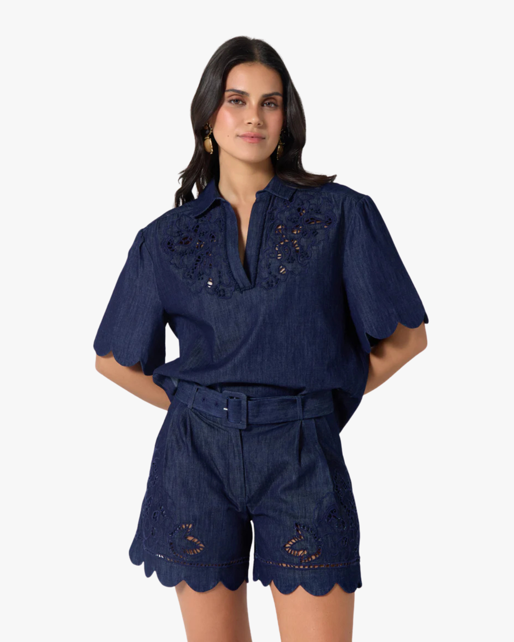 Sandsora - The Denim Cutwork Embroidery Hem Belted Shorts