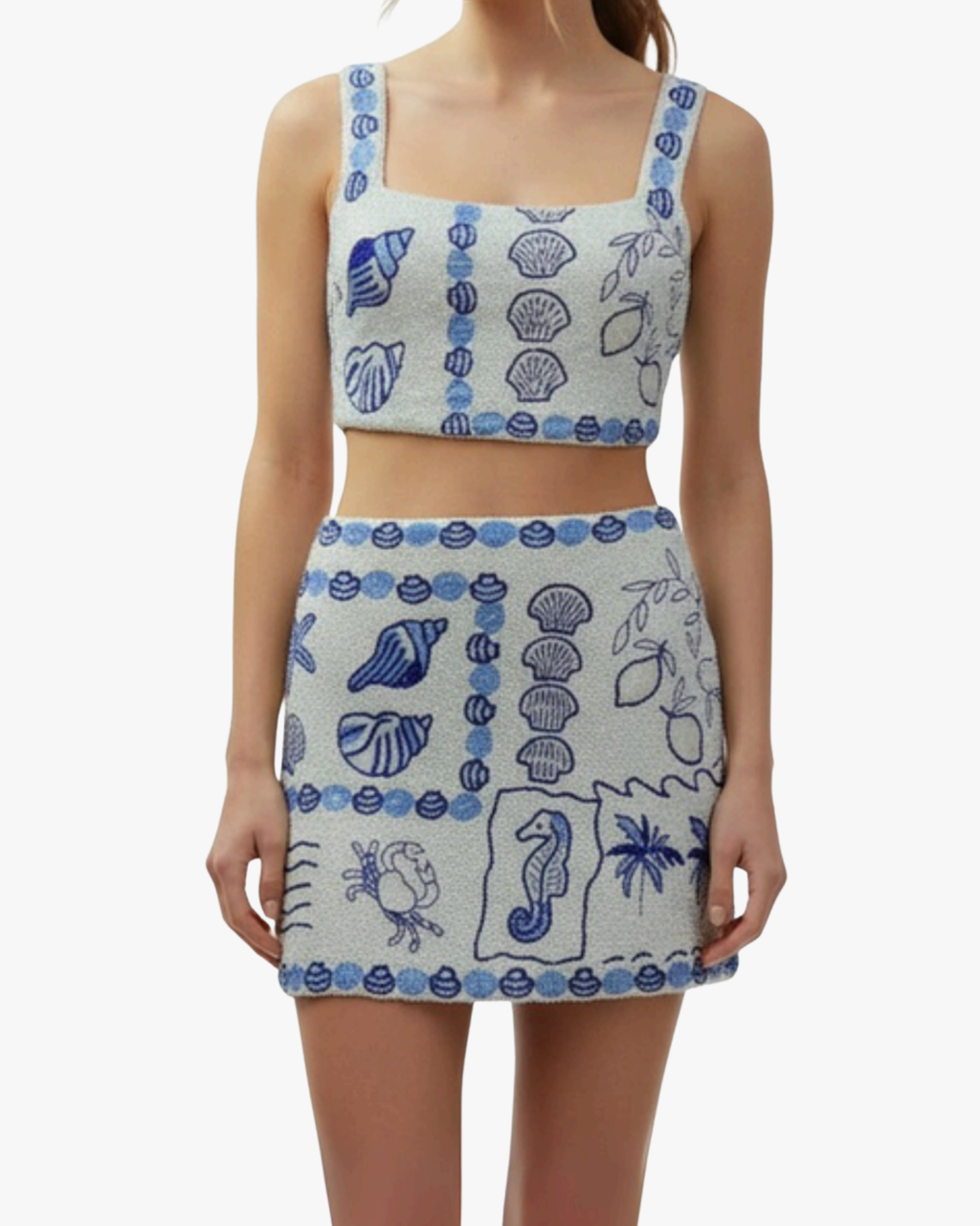 Marie Sea Co-Ord Fully Beaded White And Blue