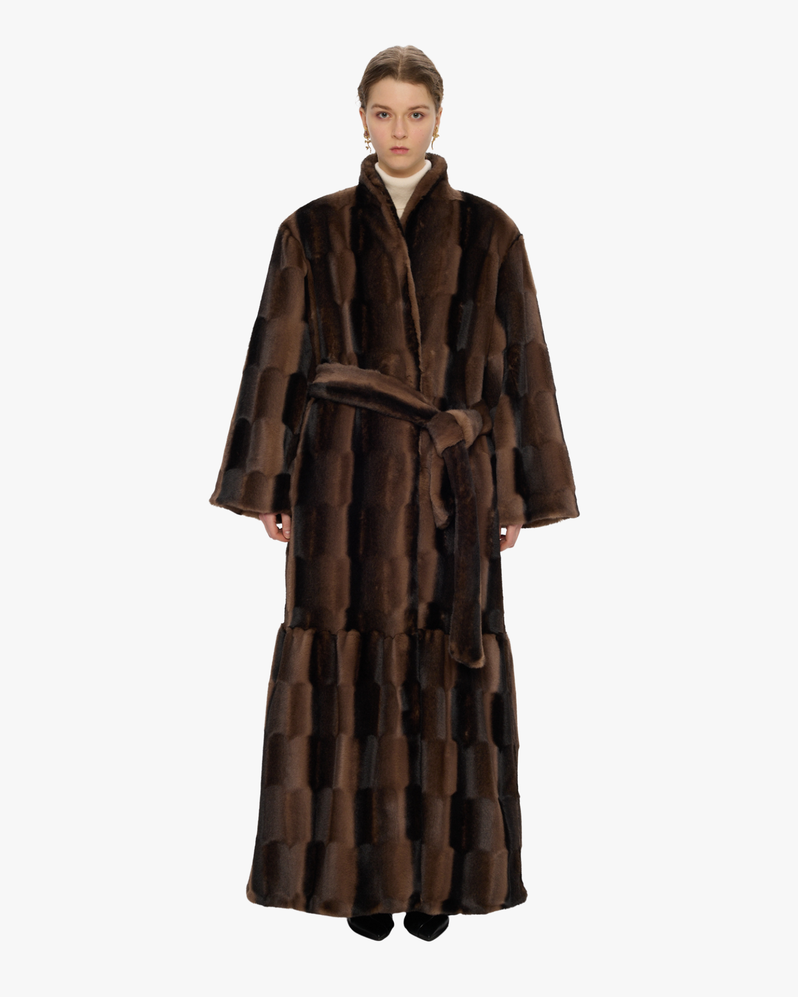 Long Fur Coat with Waist Belt Brown