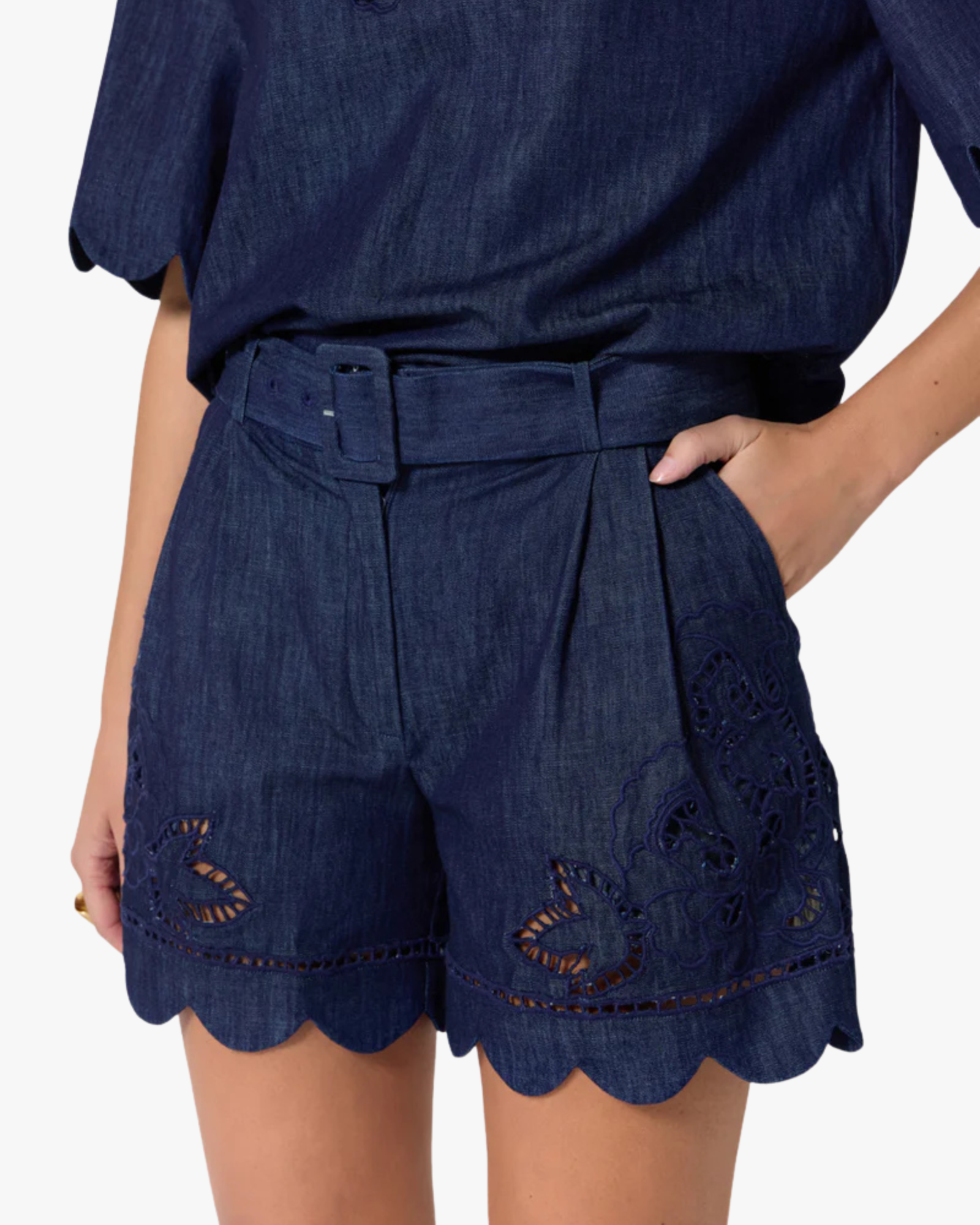 Sandsora - The Denim Cutwork Embroidery Hem Belted Shorts