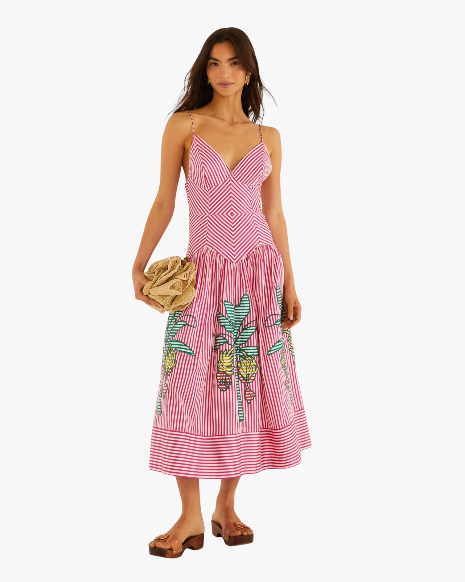 Midi Dress Palm Tree Cutwork Stripes