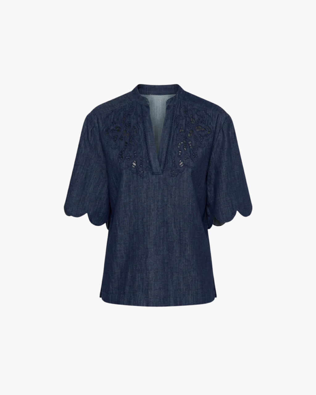 Sahira - The Denim Cutwork Embroidery Yoke Top With Short Sleeves